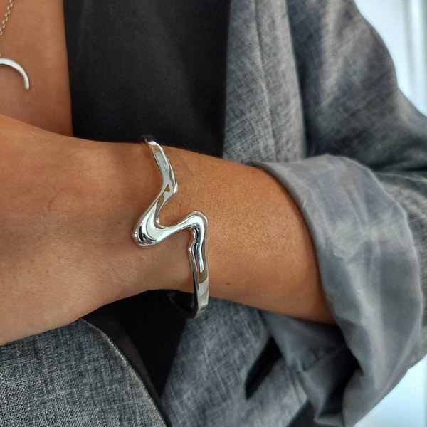 Bracelet vague en argent sterling, bracelet manchette ouvert, bracelet pour femme, gros bracelet en argent, bracelet moderne, bracelet géométrique