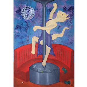 Whimsical Cat Poledancer: Handgemaltes Acryl Pouring Kunstwerk Original 70x100cm oder Kunstdruck A6 & A3 (Stil ultra contemporary, Pouring)