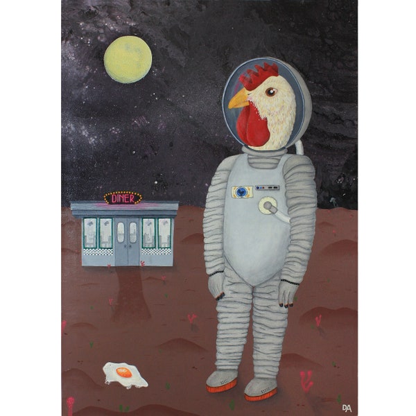 Astronauten Huhn im Weltraum: Originalgemälde (70x100cm) & Kunstdruck A6 oder A3 / Acrylpouring, Surrealismus, ultra contemporary art