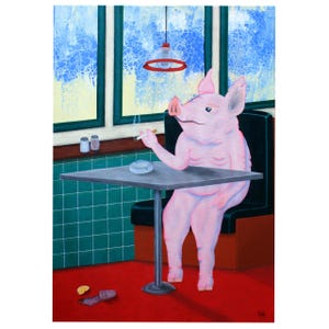 Cochon fumant dans un restaurant des années 50 : Peinture originale (70 x 100 cm) et impression d'art A6 ou A3 - Acrylique coulé, Surréalisme, Ultra contemporain