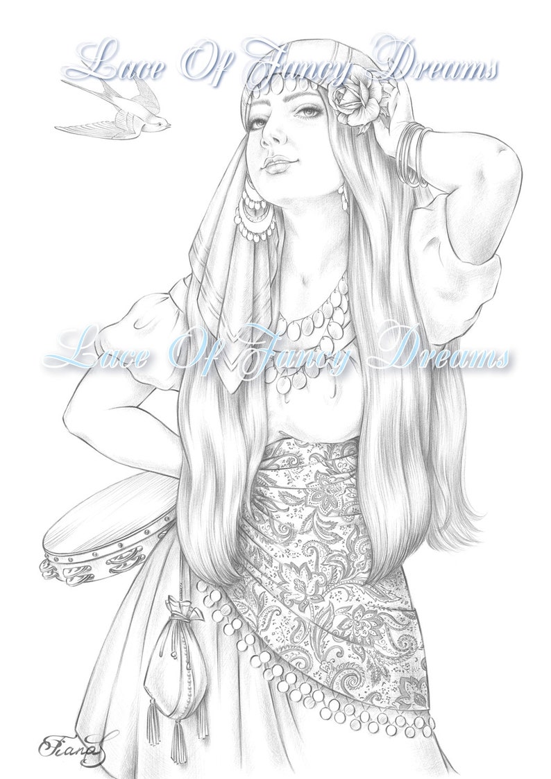 Printable Coloring Page Pdf Young Gypsy Woman With Flower Rose | Etsy