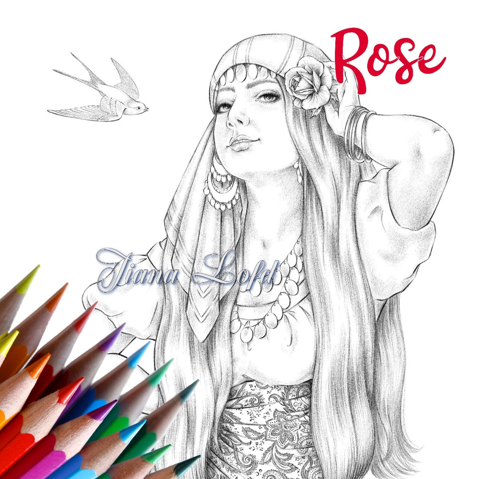Printable Coloring Page Pdf Young Gypsy Woman With Flower Rose | Etsy