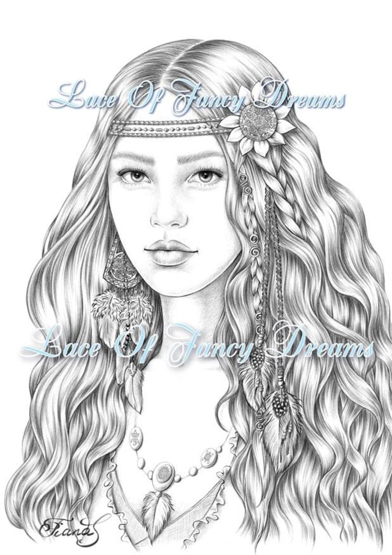 Adult coloring page drawing Boho woman Printable coloring | Etsy