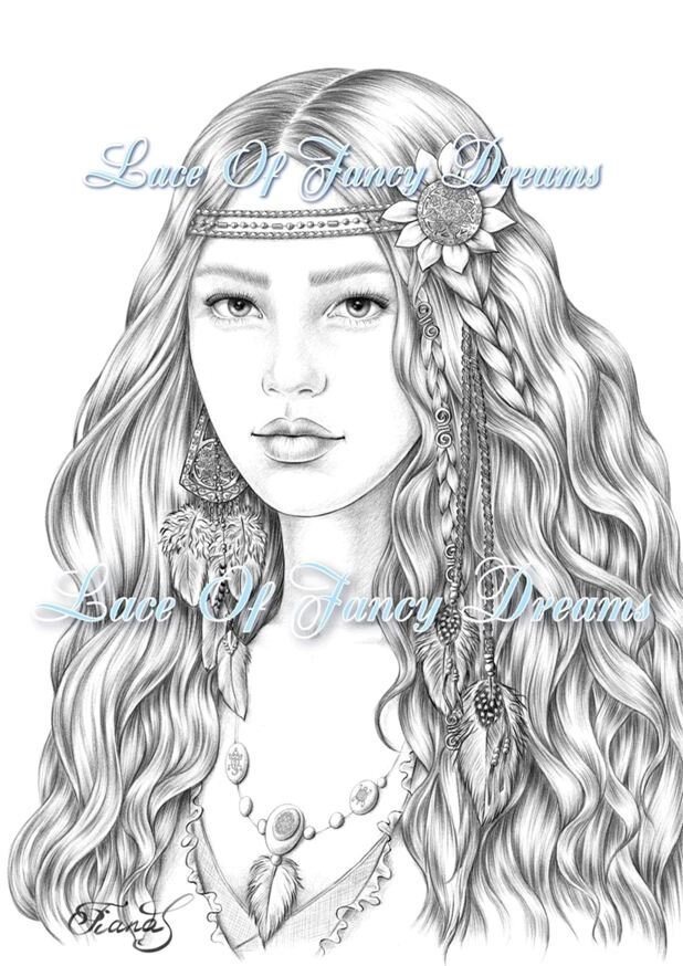 Adult Coloring Page Drawing Boho Woman Printable Coloring Etsy