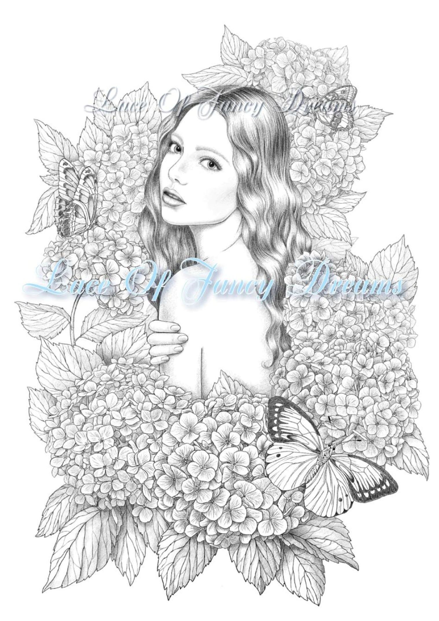 Hydrangea coloring page pdf beautiful woman coloring sheet | Etsy