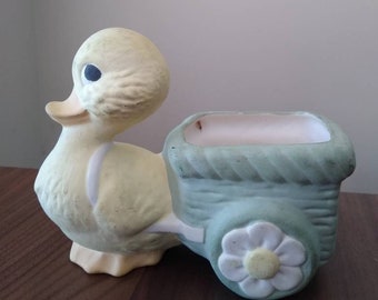 Vintage Baby Duck Pastel Yellow and Green Flower Planter Easter