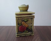 Vintage Lefton Coffee Grinder Kitchen Jar Green Ceramic Trinket Box with Fruit 4133