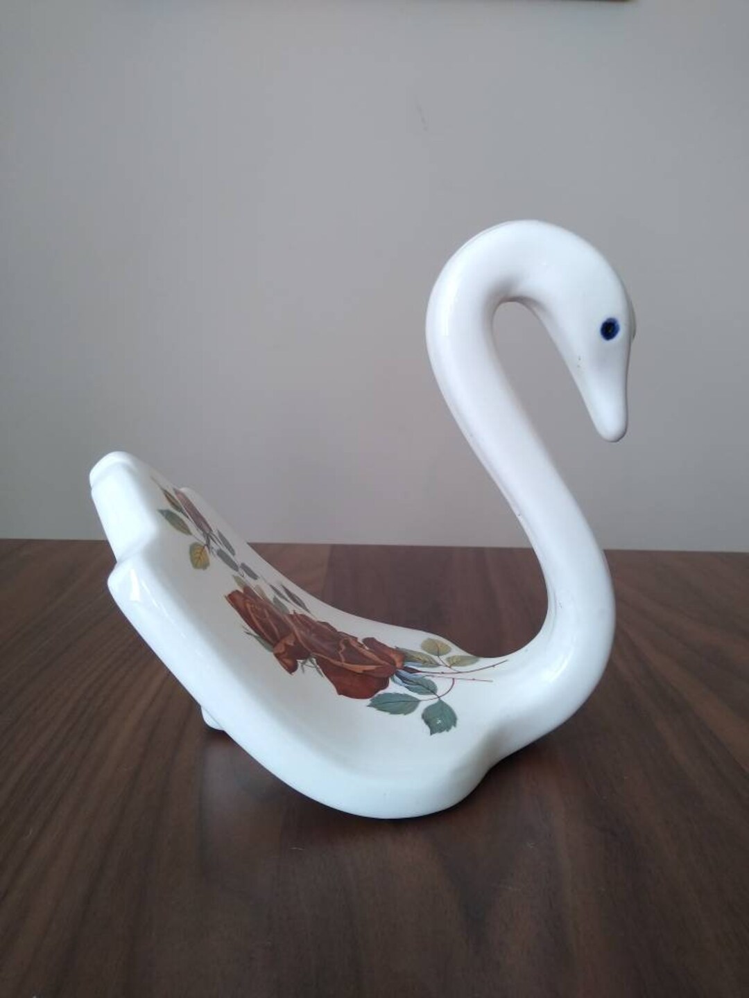 Vintage Ceramic Swan Towel Holder With Painted Roses // Handmade 1980