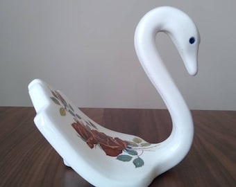Vintage Ceramic Swan Towel Holder with Painted Roses // Handmade 1980