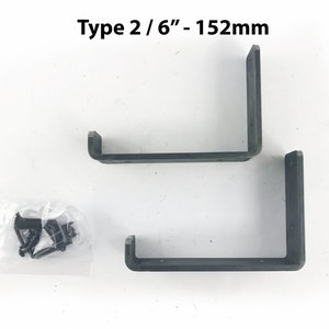 May include: Two black metal shelf brackets, each measuring 6 inches, with a pack of screws. Type 2 / 6" - 152mm