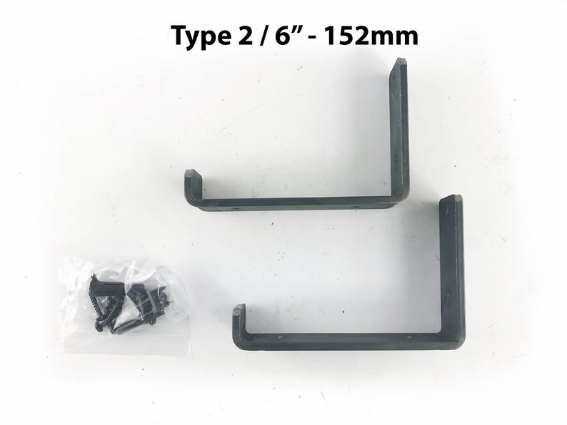 May include: Two black metal shelf brackets, each measuring 6 inches, with a pack of screws. Type 2 / 6" - 152mm
