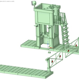 Könnte beinhalten: Ein 3D-Modell einer hellgrünen Industriestruktur, möglicherweise ein Kontrollturm. Es verfügt über einen hohen, kastenförmigen Hauptteil mit einer Leiter, einer Plattform und einer Barriere mit roten Lichtern. Das Modell steht auf einer gitterartigen Basis.