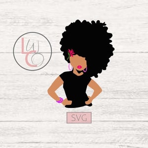 May include: Black and white silhouette of a woman with an afro hairstyle, wearing a black shirt and pink earrings. The woman is holding her hands on her hips. The background is a white woodgrain pattern. The text "SVG" is in a pink rectangle at the bottom of the image.