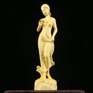 Wood Carving Dress Girl Wooden Statue Concise Style Display Art for Home Adorns Birthday Holiday Gift