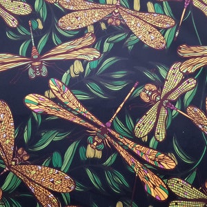 Printed velour velvet upholstery fabric 355g/m2 Dragonflies on Black