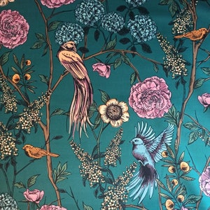 Printed Velour, Velvet, FR Velvet Upholstery Fabric Birds of Paradise in teal green