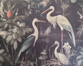 Printed Velour, Velvet, FR Upholstery Fabric Crane Birds on Dark Meadow