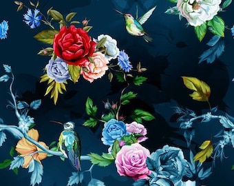 Printed velour velvet upholstery fabric Hummingbirds Blue