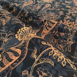 Printed velour velvet FR upholstery fabric Exotic Birds on Black Grey