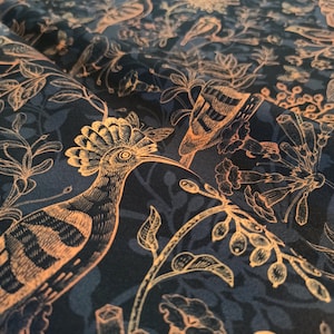 Printed velour velvet upholstery fabric 355g/m2 Exotic Birds on Black Grey