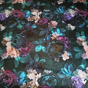 Printed Velour Velvet FR upholstery fabric Roses in Deep Blue