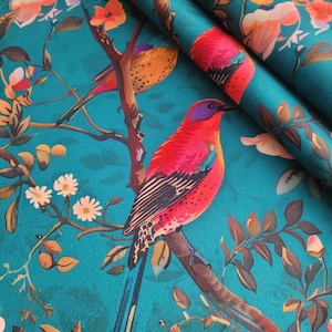 Printed velour velvet upholstery fabric Pink Birds on Teal