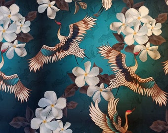 Printed Velour, Velvet, FR Upholstery Fabric Crane Birds turquoise blue