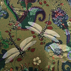 Printed velour velvet upholstery fabric 355g/m2 Dragonflies Green