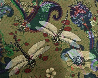 Printed velour velvet upholstery fabric including FR velvet option Dragonflies Green