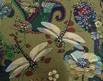 Printed velour velvet upholstery fabric 355g/m2 Dragonflies Green