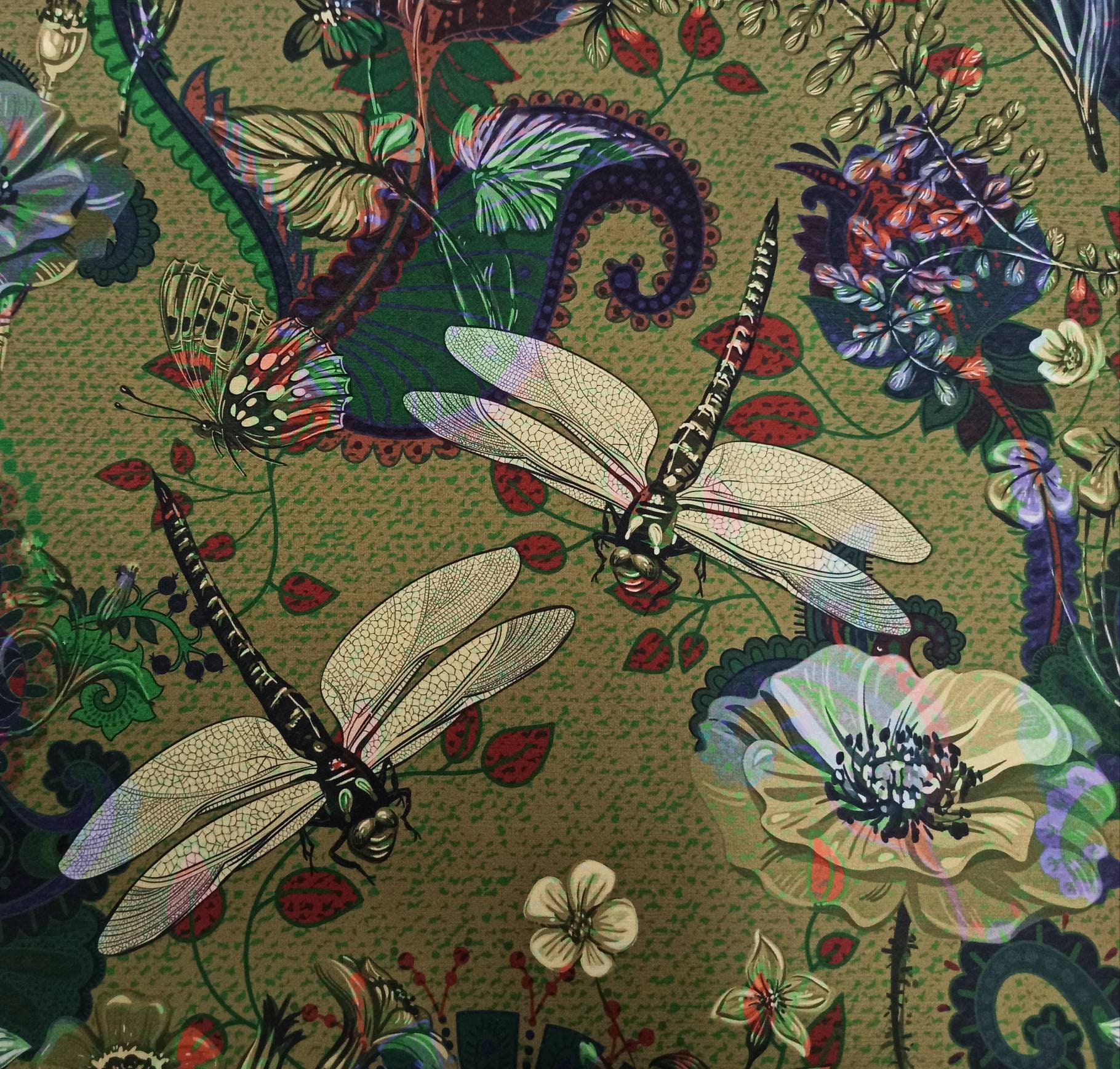 Printed Velour Velvet Upholstery Fabric 355g m2 Dragonflies Green