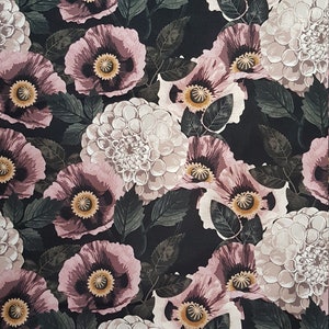 May include: A black fabric with a floral pattern featuring pink poppies and white dahlias. The flowers are arranged in a repeating pattern and have a vintage aesthetic.