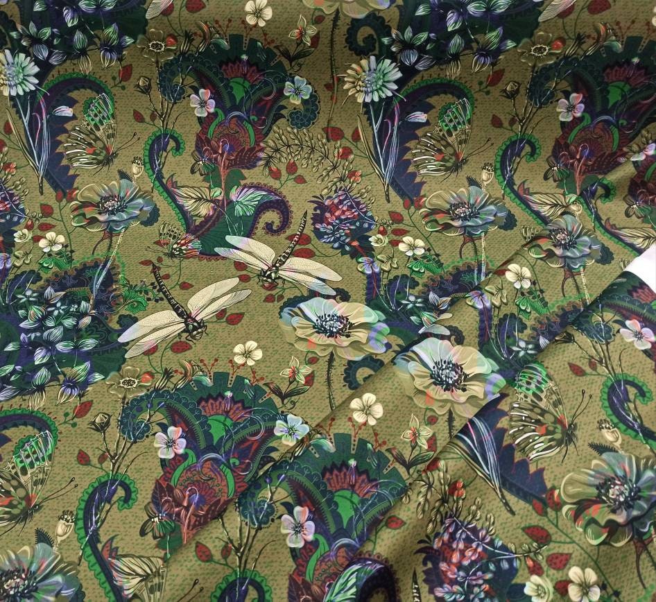Printed Velour Velvet Upholstery Fabric 355g/m2 Dragonflies Green 