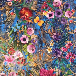 Printed Velour, Velvet, FR upholstery fabric Blue Meadow Flowers