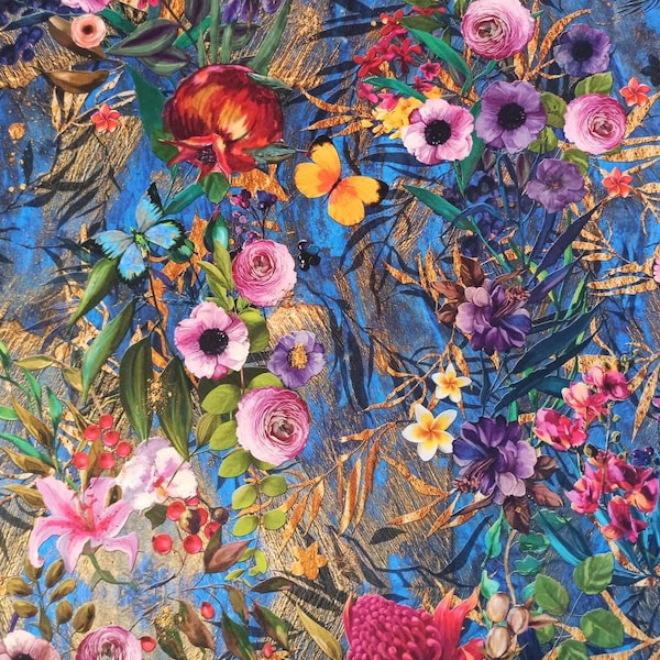 Printed Velour, Velvet, FR upholstery fabric Blue Meadow Flowers