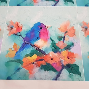 PANEL ! Printed Velour Velvet Upholstery Fabric 355g/m2 Pastel Garden Bird cushion / chair panel 48 x 48 cm