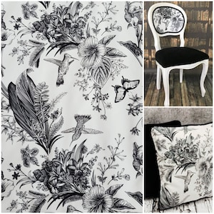 Printed plush velour velvet upholstery fabric 250g/m2 black and white flowers and hummingbirds