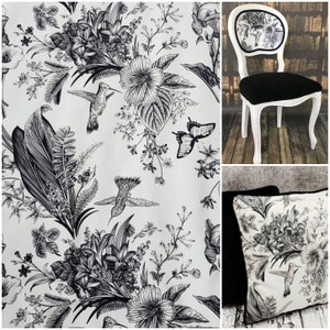 Printed plush velour velvet upholstery fabric 250g/m2 black and white flowers and hummingbirds