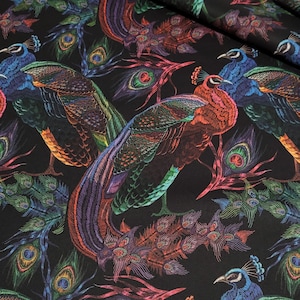 Printed velour velvet upholstery fabric 355g/m2 Pink Embroidery Peacocks on Black