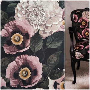 Printed velvet upholstery fabric 355g/m2 Dhalia and dusty pink poppy flowers