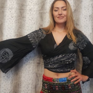 Beautiful Hindu Print Summer wrap around or tie flared sleeve tops/ Festival/ Travel /Om Print/Shiva Print/Krishna Print/ blouse / tunic