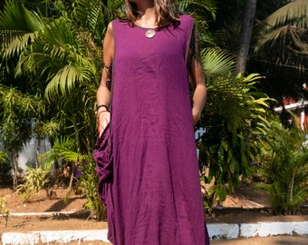 Vestido o túnica de verano de algodón estilo boho chic, holgado y con bolsillos. Ropa de playa hippie para festivales