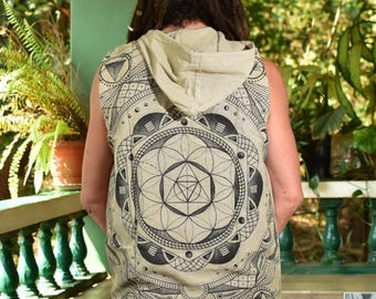Tribal ethnic geometric printed mens hooded cotton vest top