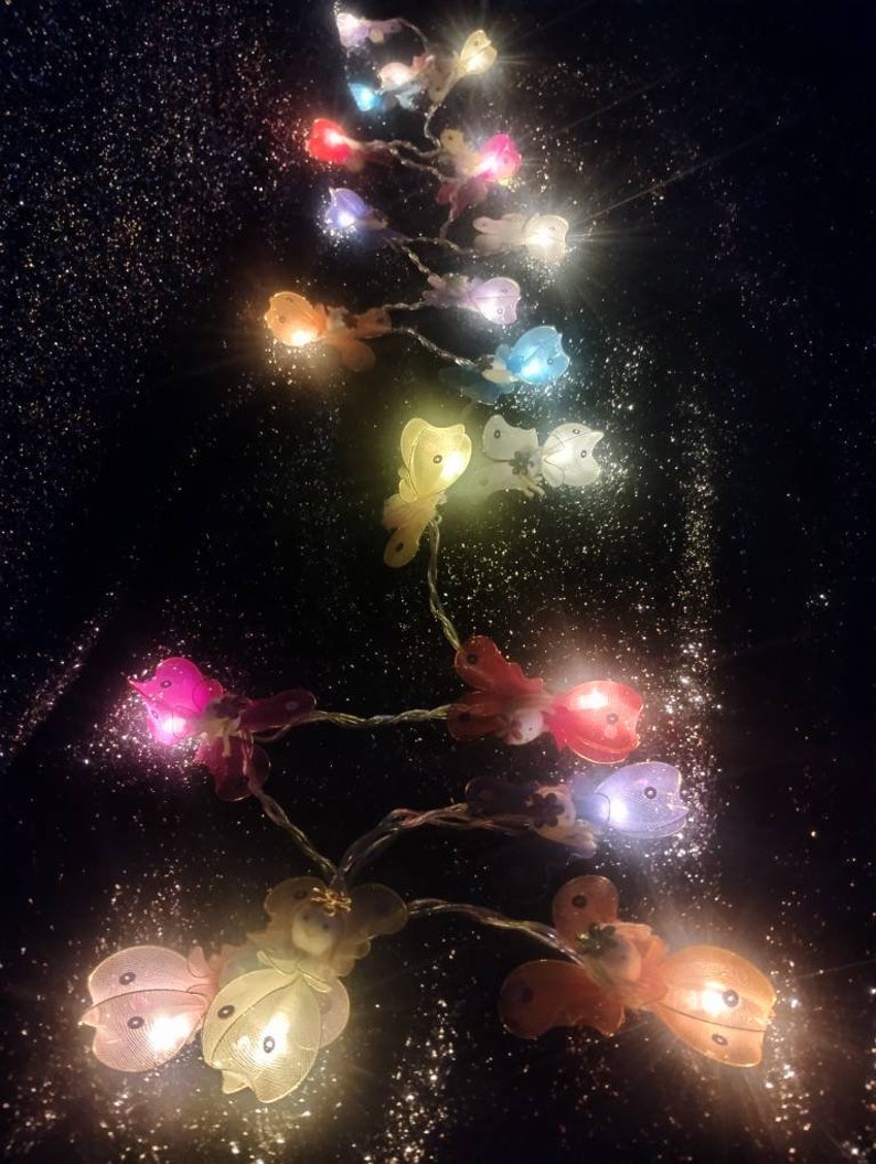 May include: A string of fairy lights shaped like butterflies in various colors, including pink, purple, blue, yellow, and orange. The lights are strung on a clear wire and are lit up, creating a warm and festive atmosphere.