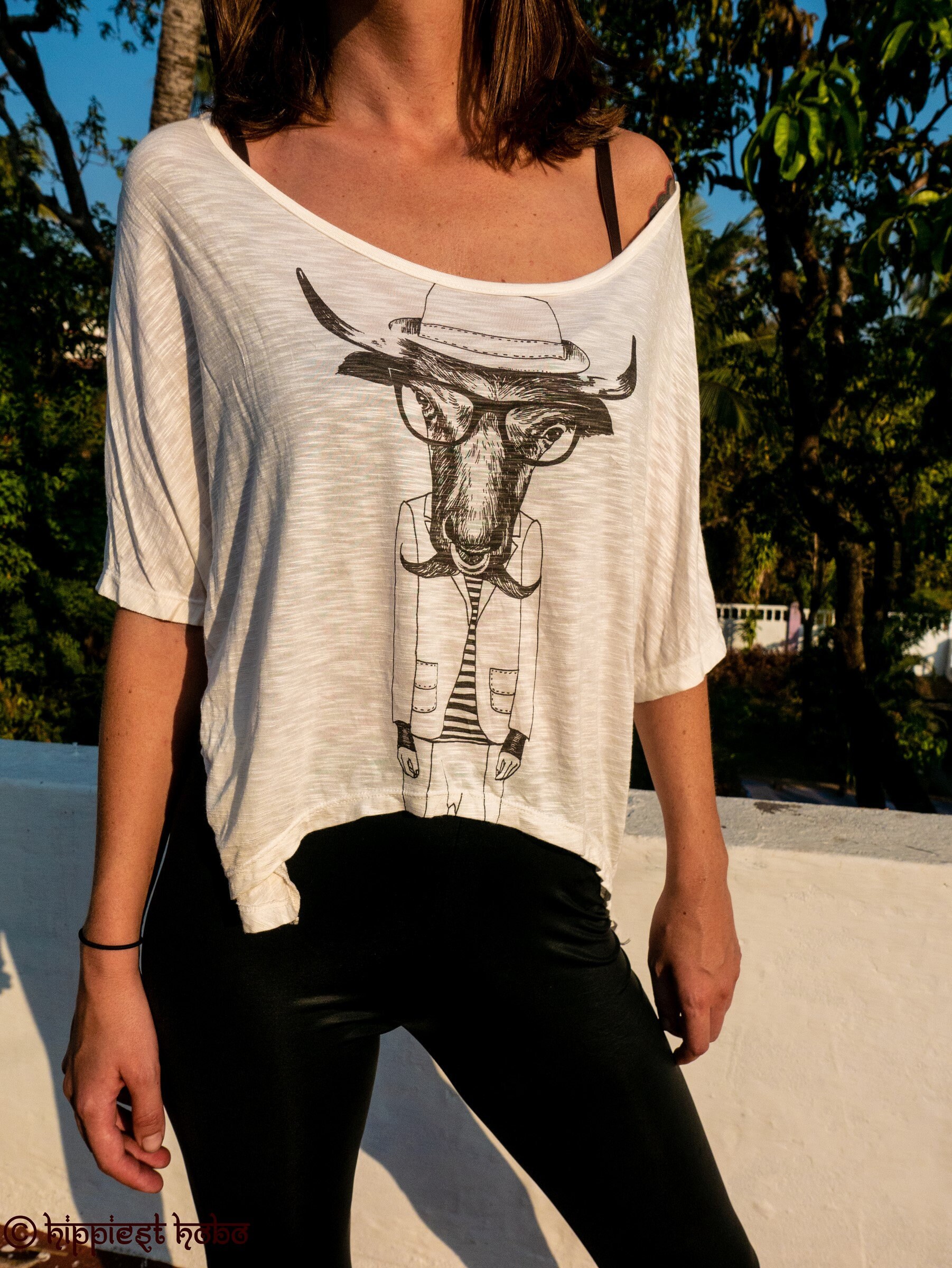 Image of Boho Hippy Stylish Goat in Disguise Printed Women's Vest Top Crop Top, Off The Shoulder T Shirts