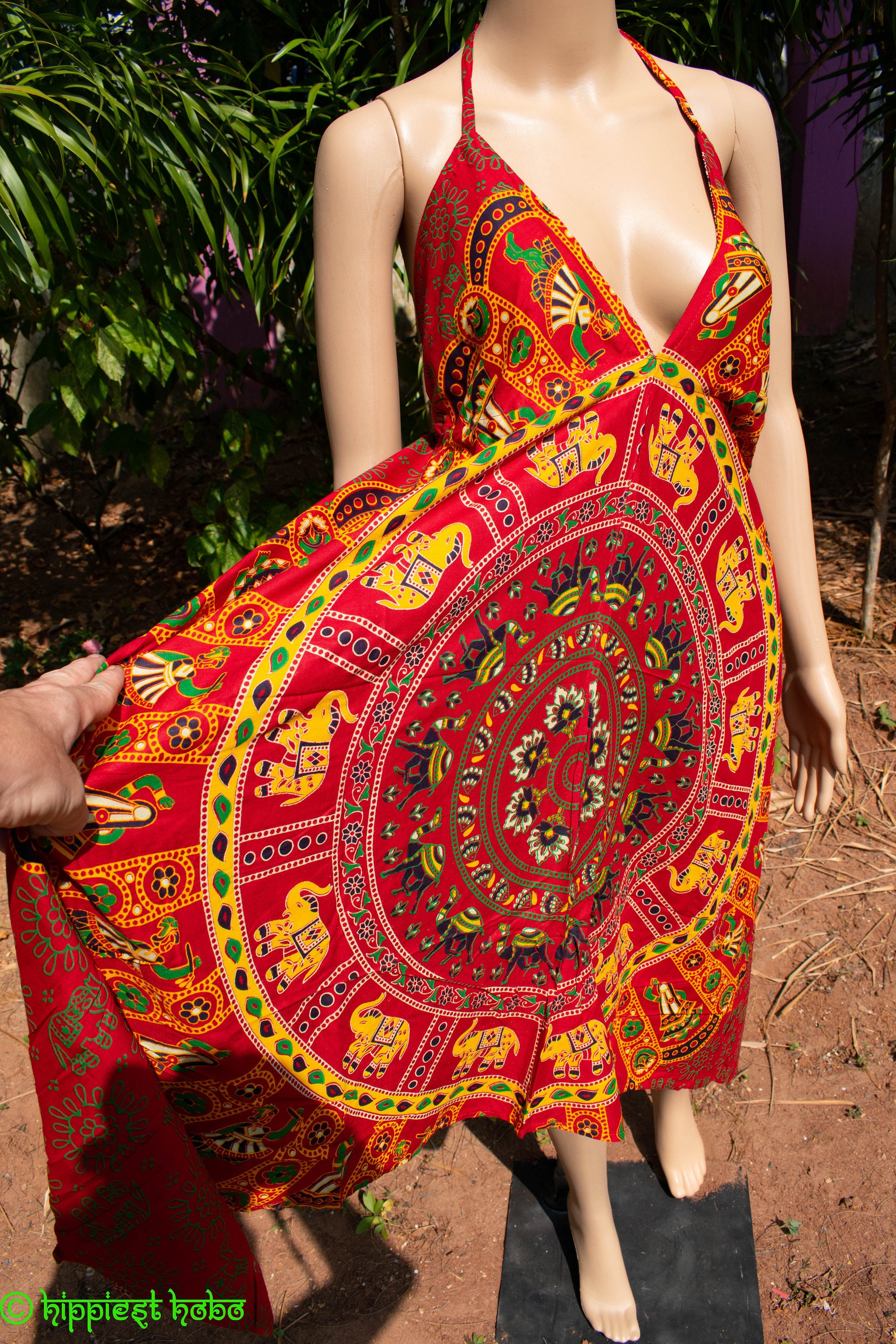Image of Beautiful Hindu Mandala Elephant Print Summer Dress Festival Clothing, Travel Dresses Maxi Dress
