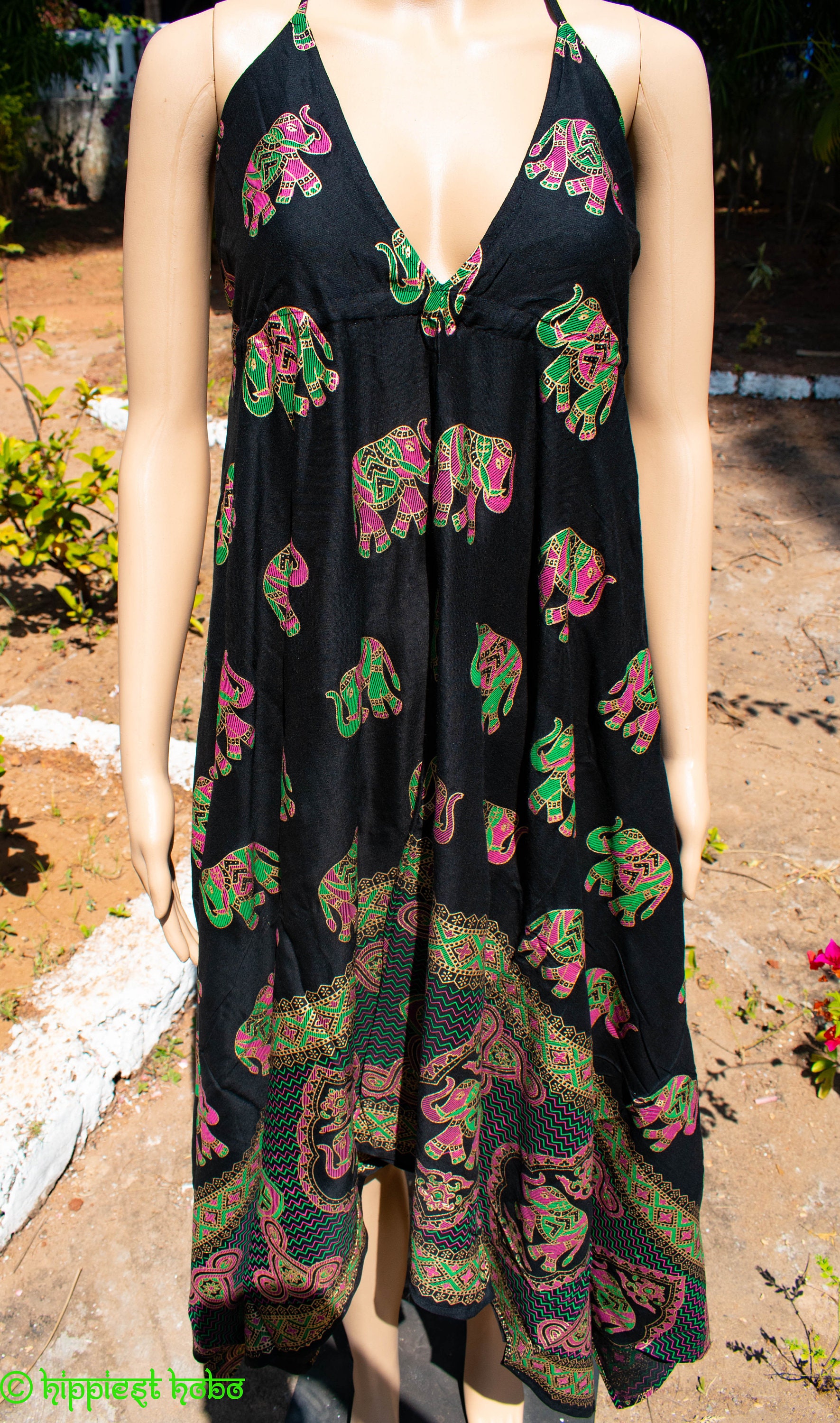 Image of Bohemian Hindu Buddhist Elephant Print & Fern Printed Summer Dresses/Maxi Dress Tunic