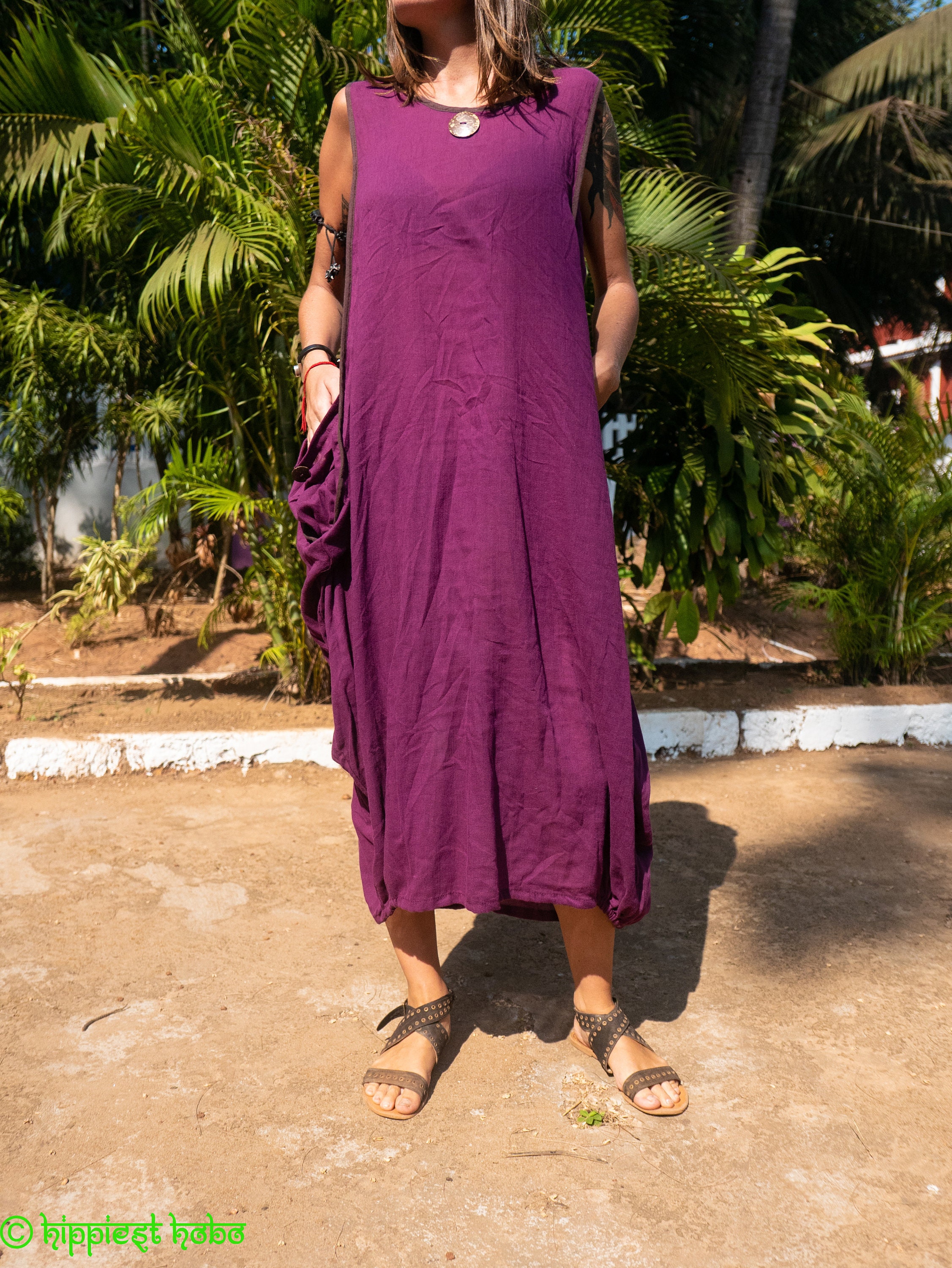 Image of Boho Chic Cotton Summer Dress/Tunic , Loose Fitting With Pockets. Hippie Festival Beachwear