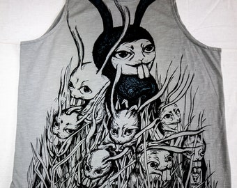 Unique Vintage Retro Printed Evil Rabbit and Blob in chains print Cotton Summer Vest Top / Singlet /Tank top