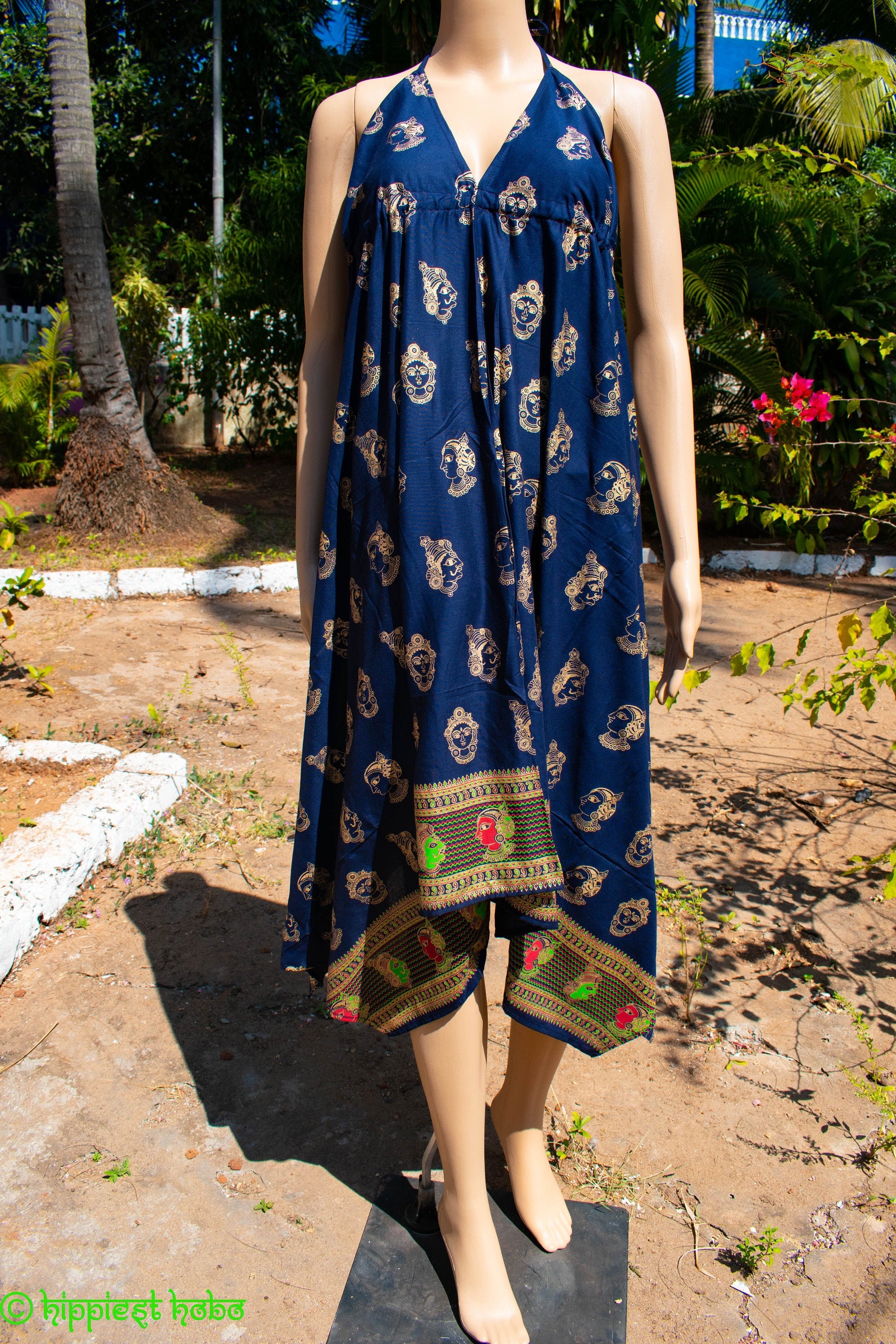 Image of Bohemian Hindu Buddhist Gold Printed Face Summer Dresses/Maxi Dress Tunic